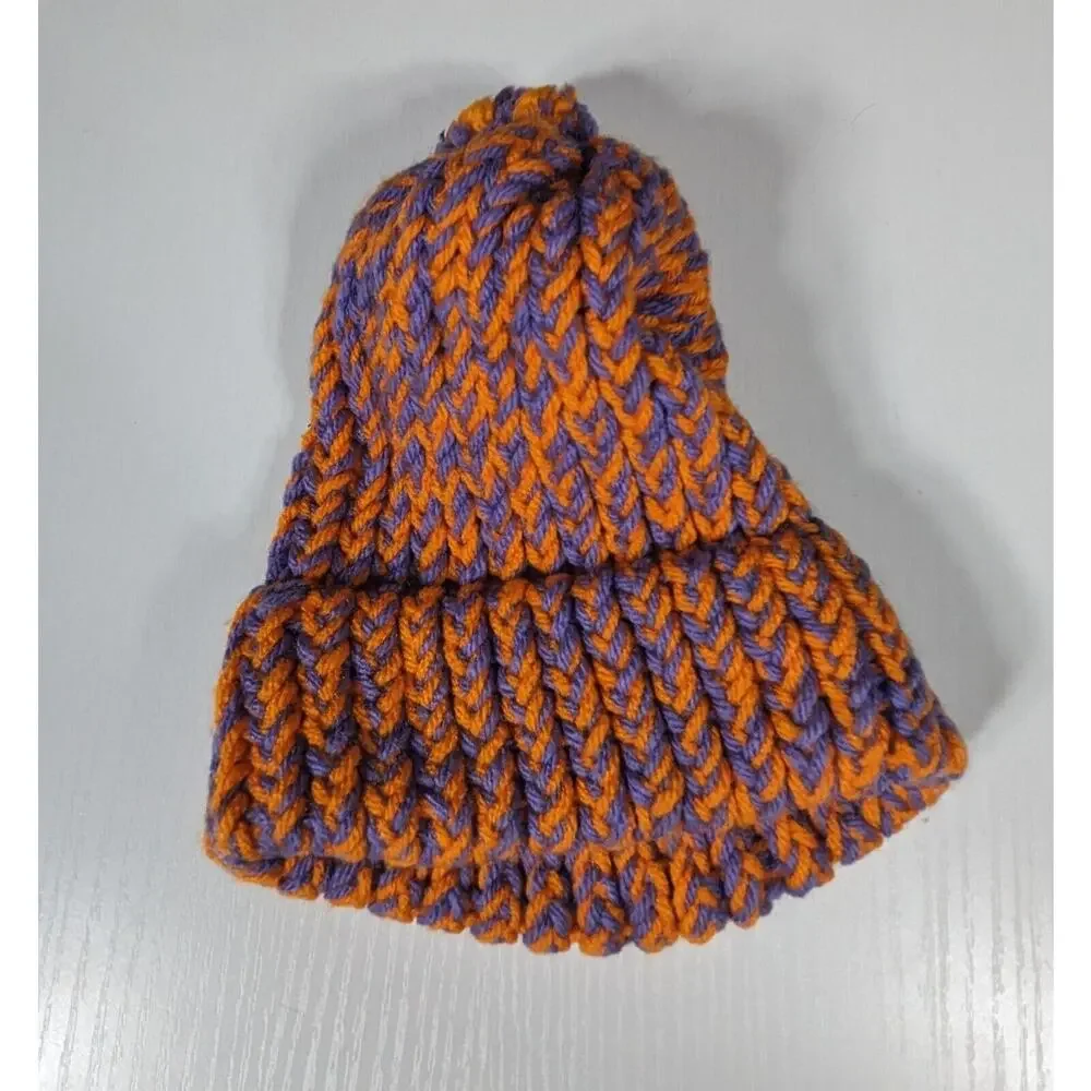 Crochet Hat Youth Size Homade Orange Purple Pom Beanie